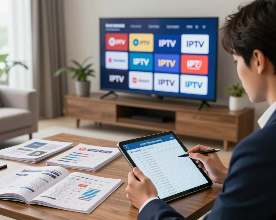 A well-organized workspace featuring a sleek television displaying a variety of IPTV logos, surrounded by essential criteria on choice, such as reliability, channel variety, customer support, and pricing. In the foreground, a person in professional business attire, thoughtfully reviewing a checklist on a tablet, reflects focus and determination. The middle layer shows an array of source materials like brochures and comparison charts, symbolizing in-depth research. The background consists of a stylish, modern living room with soft, natural lighting coming from a nearby window, creating a warm atmosphere. The overall mood is informative and inspiring, urging viewers to make informed choices while ensuring a comfortable viewing experience.